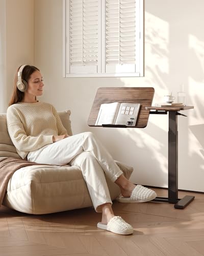 FLEXISPOT Adjustable Height C-Shaped End Table with Split Tilting Top – Mobile Side Table for Sofa & Bedside, Slides Under Furniture, Hidden Wheels for Small Spaces(31.6" W x 15.7" D,Dark Walnut) - color: Dark Walnut, size: 31.6"W x 15.7"D
