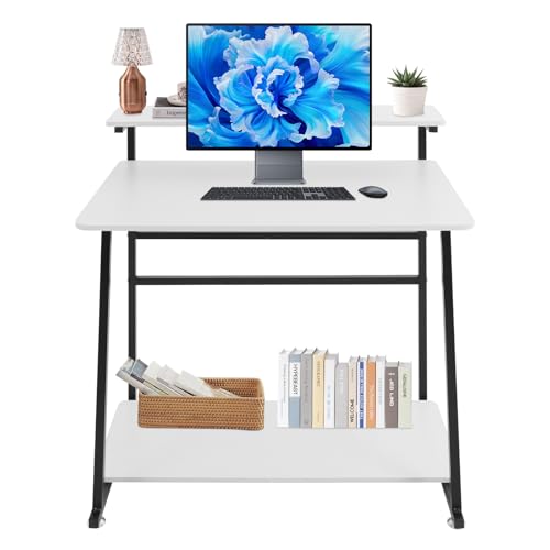 3 Tiers Rolling Computer Desk, 31.5 Inch Home Office Desk with 4 Wheels & 4 Foot Pads, Mobile Small Computer Desk, Student Study Table for Small Space Bedroom (White+Black) - color: White+black