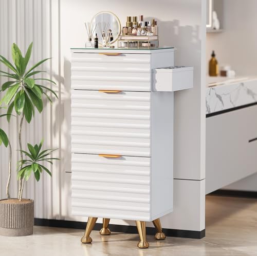 Professional Salon Station with Tempered Glass Top, 3 Drawers Hair Stylist & Barber Storage Cabinet with Heat Resistant Tool Holders, Beauty Spa & Home Organizer, White - color: White Gold