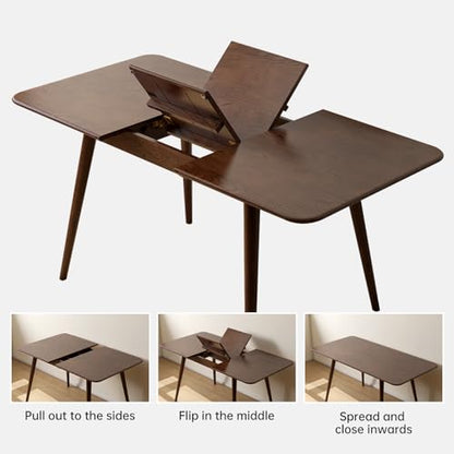 47’’-63’’ 100% Oak Extendable Dining Table, Solid Wood Folding Kitchen Table, Mid Century Modern Dinner Table for Kitchen, Apartment, Living Room (47''-63'' Walnut) - color: Walnut, size: 47''-63''