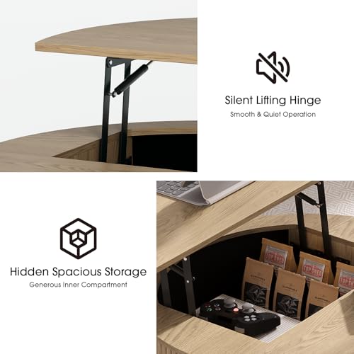 JOINICE Round Lift Top Coffee Table with Storage for Living Room,Oak | 31.5" Drum Design,Hidden Storage&Open Shelf,Boho Fluted Center Table for Small Apartments,Easy Assembly,Up to 150 lbs
