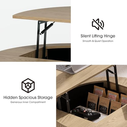 JOINICE Round Lift Top Coffee Table with Storage for Living Room,Oak | 31.5" Drum Design,Hidden Storage&Open Shelf,Boho Fluted Center Table for Small Apartments,Easy Assembly,Up to 150 lbs