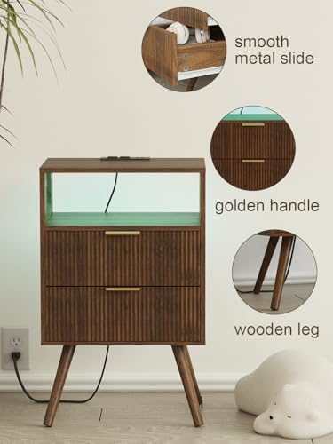 Leomonio Nightstand with Charging Station and LED Lights, Modern Bedside Table with 2 Storage Drawer and Open Wood Shelf for Bedroom and Small Spaces, Night Stand with Solid Wood Legs - color: Walnut Brown-outlet