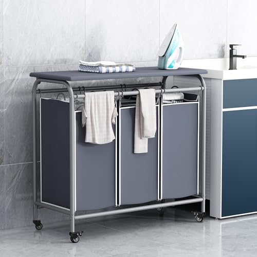 LINZINAR 3-Bag Laundry Hamper with Ironing Board, Grey 135L Laundry Sorter | Laundry Room Organization with Heavy Duty Rolling Lockable Wheels and Removable Bag, Bedroom Laundry Cart for Clothes Storage - size: 3 Bags Grey with Board