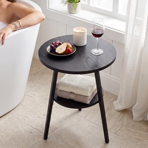 Small Round Side Table, End Tables Living Room, Black | 2-Tier Side Table with Storage Shelf for Small Spaces, Bedside Accent Table for Living Room, Bedroom, Metal Frame & Wood Top - color: Black Ash
