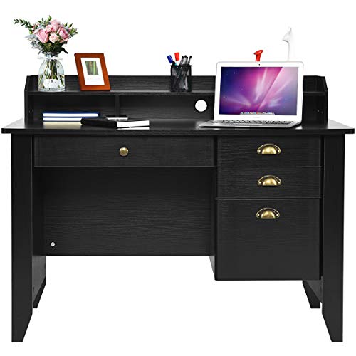 Catrimown Computer Desk with Drawers and Hutch, Vintage Wood Home Office Desk Writing Study Teens Student Desk PC Laptop Table, for Small Spaces, Black - color: Black