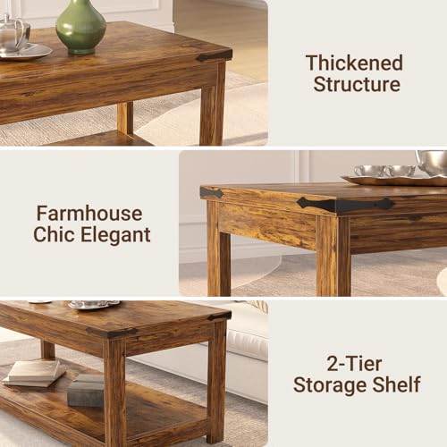 Homieasy 43.3” Rectangular Coffee Table with Storage Shelf, Rustic Brown | Farmhouse Wood Center Table for Living Room, Modern Black Tea Table with Open Shelf - color: Rustic Brown