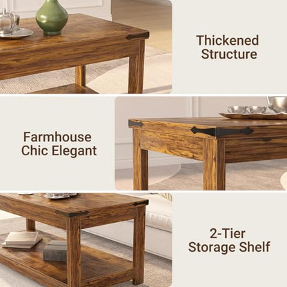 Homieasy 43.3” Rectangular Coffee Table with Storage Shelf, Rustic Brown | Farmhouse Wood Center Table for Living Room, Modern Black Tea Table with Open Shelf - color: Rustic Brown