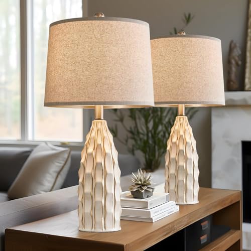 USumkky Ceramic Table Lamps Set of 2, 23.75" Modern Farmhouse Bedside Lamp - Cream Nightstand Lamps for Bedroom, Boho Living Room End Tables, Small Office Desk Lamp Decor - color: B 23.75"-Cream-2Pack