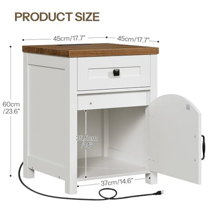 HOOBRO Farmhouse End Table with Charging Station, End Tables Living Room with Drawer, Rustic Nightstand with Arched Barn Door, Wooden Sofa Side Bedside Table, White and Walnut WH406UBZ01
