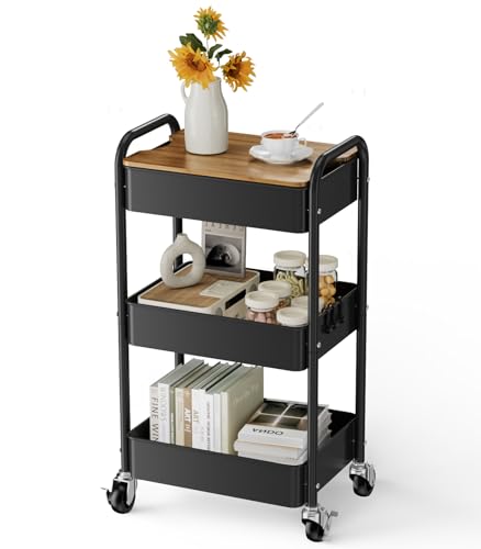 3 Tier Rolling Cart with Table top, Metal Utility Cart, Sturdy Storage Organizer Cart with Locking Wheels & Hooks for Office, Classroom, Kitchen and Bathroom - color: Black