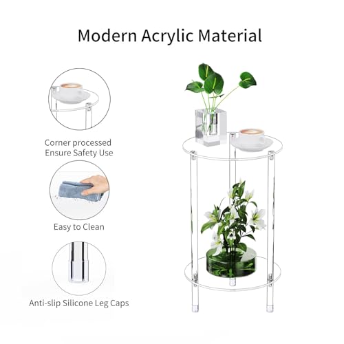 Clear Round Acrylic Side Table for Small Spaces, 11.81" L x 11.81" W x 19.82" H, 2 Tier Small Modern Drink End Table Nightstand, Minimalist Bedside Table for Living Room, Bedroom, Bathroom - size: 2 Tier 1-Pack (19.82"H)