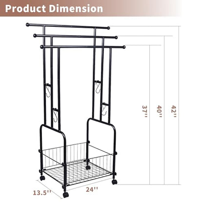 42" Tall Bathroom Towel Rack, Standing Towel Racks, 3 Tier Towel Holder with Storage Basket & 4 Hooks, Indoor Outdoor Freestanding Towel Racks with Anti-Skid Wheels, Pool Towel Blanket Stand