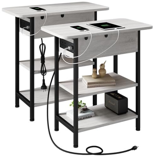 LIDYUK End Table with Charging Station, Set of 2 Flip Top Narrow Side Table for Small Spaces, Nightstands Set of 2 for Bedroom, End Tables Living Room with Storage Shelves, Light Grey - color: Light Grey, size: Pack of 2