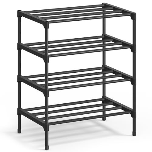 SONGMICS 4-Tier Shoe Rack for Closet, Compact Metal Shoe Organizer Shelf for Entryway, Bedroom, Small Spaces, Stackable, 11.8 x 17.7 x 26 Inches, Black ULSA114BH01 - size: 4 Tiers (17.7"W)