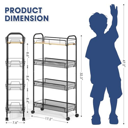 TOOLF 4-Tier Slim Rolling Cart, Metal Utility Cart, Slide Out Storage Cart with Wooden Tabletop and Mesh Baskets for Narrow Space on Kitchen Bathroom Laundry Room Bedroom Apartments Dormitory - size: Slim, style: Black