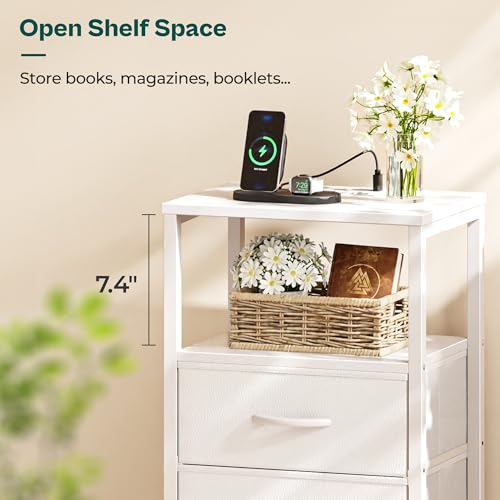 Huuger Nightstand with Charging Station, Side Table with 2 Fabric Drawers, End Table with Open Shelf, Bedside Table with USB-C Port and Outlets, Night Stand, PU Leather, White - color: White, size: 11.8"d X 15.7"w X 23.6"h (2 Drawers)