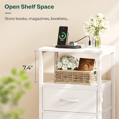 Huuger Nightstands Set of 2, End Tables with Charging Station, Side Tables with Fabric Drawers, Bedside Tables with USB Ports and Outlets, Night Stands, PU Leather, White - color: White, size: 11.8"d X 15.7"w X 23.6"h (2 Drawers)