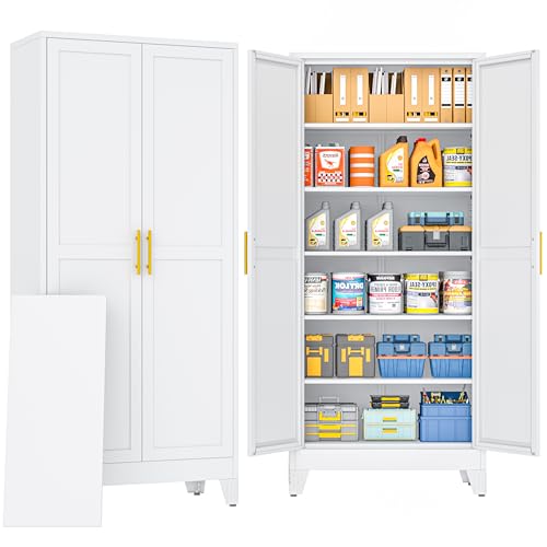 PAOFIN Metal Tall Storage Cabinet with 2 Doors and 5 Adjustable Shelves, 75" Metal Garage Storage Cabinets, File Cabinet,Steel Tool Cabinets for Home,Office,Garage,School,Warehouse (White) - color: White, size: 75"-D