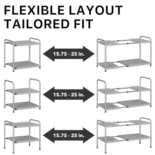 Simple Houseware Under Sink 2-Tier Heavy Duty Expandable Organizer, Silver | Adjustable Width 15.75–25 Inches with 4 Shelf Height Levels - color: Silver