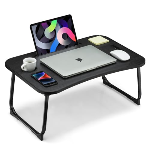 Foldable Lap Desk, Laptop Bed Desk, Portable Lap Table, Laptop Bed Table with Cup Holder & Tablet Slot & Lifting Handle for Working Writing Drawing & Eating - Black Wood - color: Black Wood