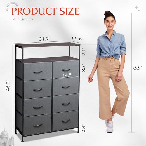 WLIVE Fabric Dresser for Bedroom with Open Shelves, Tall Dresser with 8 Drawers, Storage Tower with Fabric Bins, Chest of Drawers for Closet, Living Room, Hallway, Charcoal Gray - color: Dark Grey, style: Raised Shelves