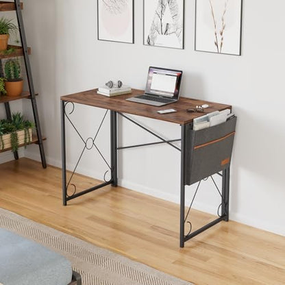 VECELO 39 Inch Folding Desk Simple Assembly, Writing Computer Desk for Home Office Study Office Foldable Table for Small Spaces,Classic Brown,2 Set