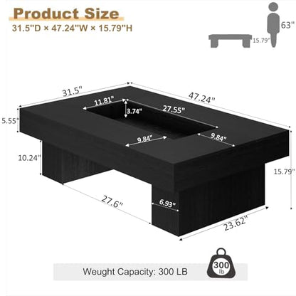 LVB Black Coffee Table, Modern Wood Led Living Room Table with Storage, Unique Large Wide Rectangle Center Table with LED Light, Contemporary low Tea Table for Bedroom Home Office, 47.24 In, Black Oak - color: Black Oak