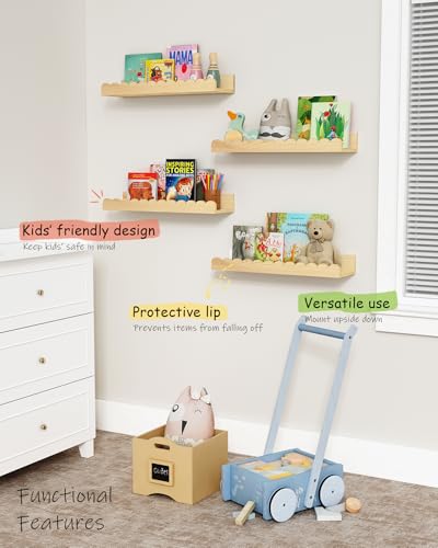 Harwaya Scalloped Nursery Bookshelf Wall Mounted 4-Pack, Natural Wood Floating Book Shelves for Wall, Cloud Wall Mount Bookshelves for Kids Bedroom, Baby Children Toddler Room (Natural Pine Wood) - color: Natural Wood
