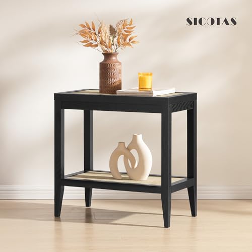 SICOTAS Rattan Nightstand Bedside Table - Farmhouse Boho Narrow Accent End Table with 2 Open Shelves for Bedroom, Living Room, Small Spaces - Black Oak - color: Black Oak, size: 1 Piece