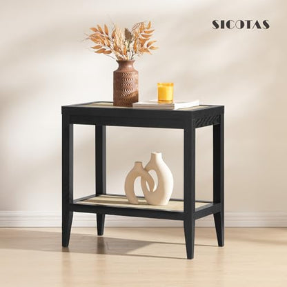 SICOTAS Rattan Nightstand Bedside Table - Farmhouse Boho Narrow Accent End Table with 2 Open Shelves for Bedroom, Living Room, Small Spaces - Black Oak - color: Black Oak, size: 1 Piece