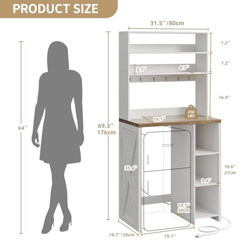 YITAHOME 6-Tier White Mini Fridge Stand with Power Outlet | Fits Mini Fridge, 6-Tier Storage, Built-in Power Outlet, Farmhouse Style, for Dining Room Dorm Office, Easy Assembly