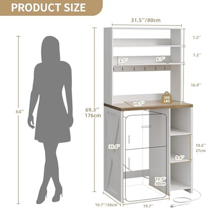 YITAHOME 6-Tier White Mini Fridge Stand with Power Outlet | Fits Mini Fridge, 6-Tier Storage, Built-in Power Outlet, Farmhouse Style, for Dining Room Dorm Office, Easy Assembly
