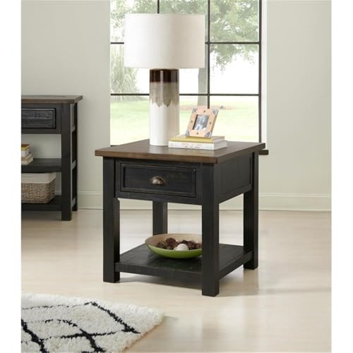 Martin Svensson Home Monterey Solid Wood End Table, Black and Brown | Farmhouse Rustic, Coastal Side Table, Drawer and Shelf - color: Black With Brown Top
