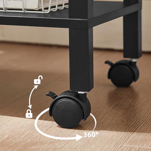 YUFAM 2 Tier Under Desk Printer Stand with Charging Station, Black | Wooden Small Printer Table for Home Office, Rolling Printer Cart Shelf with Lockable Wheels - color: Black, size: 11.8"D×15.7"W×15.3"H(With USB)