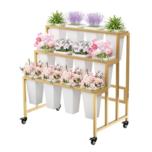 Flower Display Stand with 12 Buckets, 3 Layers Flower Bar, Gold Metal Plant Stand with Wheels, Heavy Duty Flower Cart for Indoor Outdoor Patio Garden Wedding Florist, Gold Metal Frame