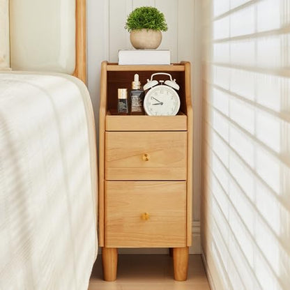 Solid Wood Narrow Nightstand, Slim Bedside Table with 2 Drawers & Slide-Out Tray, Mid-Century Modern End Table Side Table for Bedroom, Living Room, Small Spaces (Natural) - color: Natural