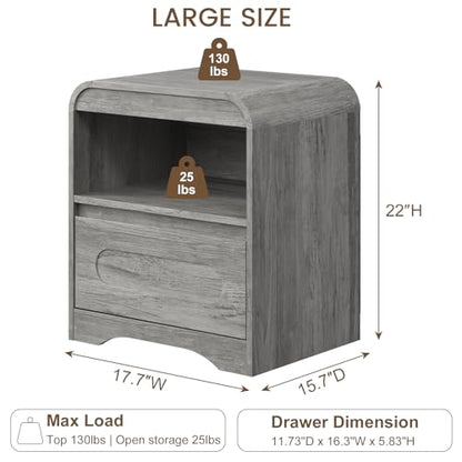 Wood Nightstand with Drawers, Curved Bedside Side End Table w/Open Storage | Hidden Handle, Modern Night Stands for Bedroom Sofa Couch Office, Grey