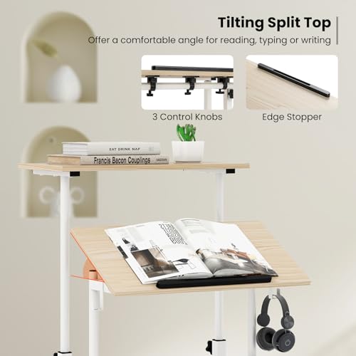 Tangkula Mobile Standing Desk, Height-Adjustable Laptop Podium Cart with Tilting Tabletop & Adjustable Angle, Rolling Stand Up Computer Desk with 2 Hanging Hooks & Lockable Casters for Home Office - color: Natural