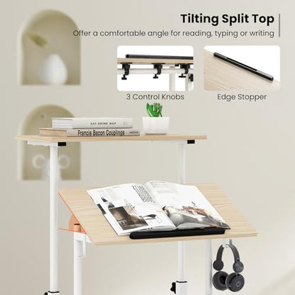 Tangkula Mobile Standing Desk, Height-Adjustable Laptop Podium Cart with Tilting Tabletop & Adjustable Angle, Rolling Stand Up Computer Desk with 2 Hanging Hooks & Lockable Casters for Home Office - color: Natural