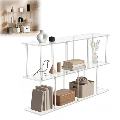 3-Tiers Acrylic Bookshelf 11.8''D X 47.2''W X 24.6''H Horizontal Bookshelf with Large Storage Cube Organizer Shelf Easy Assembly for Home Office Living Room Bedroom