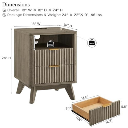 T4TREAM Fluted Nightstand with Charging Station, 18" Modern Side Table with 2 Drawers, End Table w/Storage, Bedside for Bedroom, Living Room, Curved Profile Design, Grey Alder - color: Grey Alder