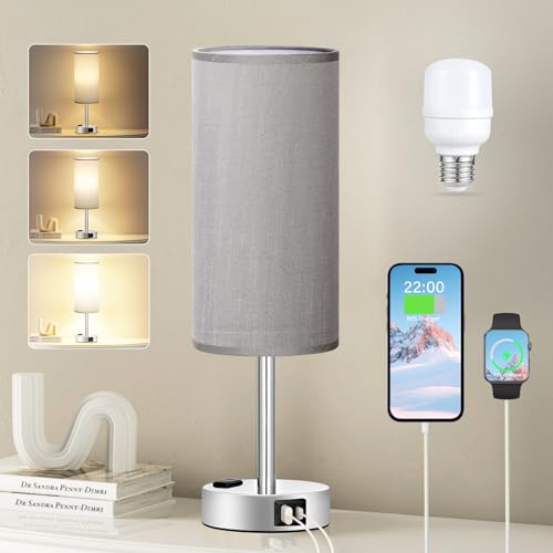 Fenmzee Grey Nightstand Table Lamp for Bedroom - 3 Way Dimmable Bedside Lamp USB C A Charging Ports and AC Outlet, Small Table Lamp Silver Base for Living Room, Office Desk, LED Bulb Included - color: Grey - Silver, size: 14" Touch Control