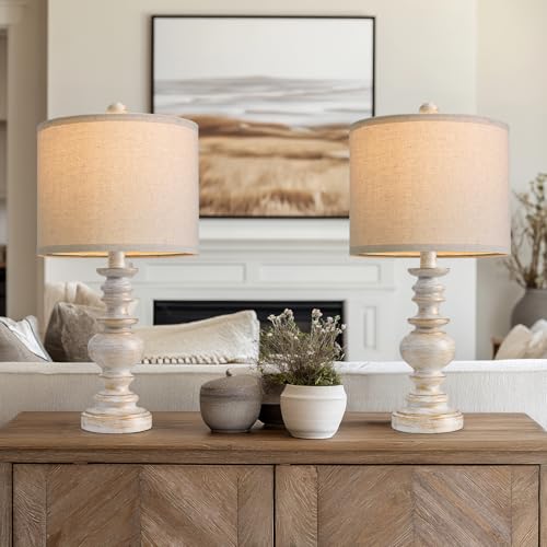 BOBOMOMO 20" Retro Table Lamps Set of 2 - Farmhouse Lamp for Living Room with Linen Shades, Rustic Bedside Nightstand Lamps, Resin Lamps for Bedroom Nursery Room Hallway - Ideal for Compact Spaces - color: White&Gold Finish, size: Small-20"