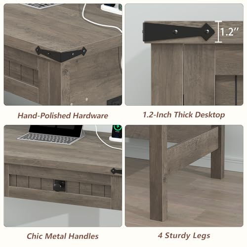 YOMILUVE Farmhouse Computer Desk with 2 Drawers, 39 Inch Small Computer Desk with Power Outlets, Home Office Desk Compact Writing Study Table for Small Spaces, Grey - color: Grey