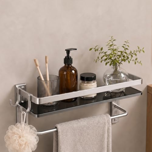 VOLPONE Glass Bathroom Shelf 15.7 in Bathroom Wall Shelf with Towel Holder Tempered Glass Shelf Wall Mount with 2 Removable Hooks Silver（1 Tier） - style: 1 tier with towel bar-silver