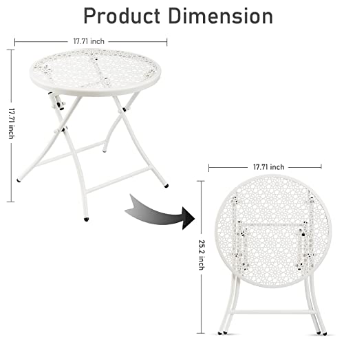 TeoKJ Folding Outdoor Side Tables, Anti Rust Small Patio Table Round Metal Nightstand with Flower Cutouts for Porch Yard Balcony Deck Lawn, White - color: White
