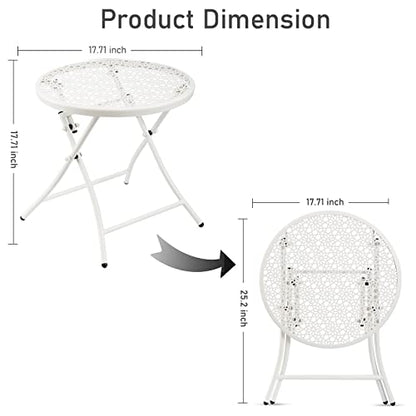 TeoKJ Folding Outdoor Side Tables, Anti Rust Small Patio Table Round Metal Nightstand with Flower Cutouts for Porch Yard Balcony Deck Lawn, White - color: White
