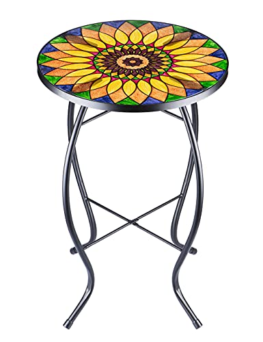 VCUTEKA Sunflower Outdoor Side Table, Mosaic Design, Small Glass Top, Round, Patio Side Table, Balcony Coffee Table, Indoor, 14 inches, Yellow - color: Yellow