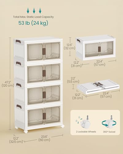 SONGMICS 58QT Plastic Storage Bins with 1 Lid, 4-Tier Stackable Bins with Doors and Wheels, Foldable Storage Boxes, for Closets, Bedroom, Living Room, Office, White URLB460WZ01 - size: 4 x 58QT